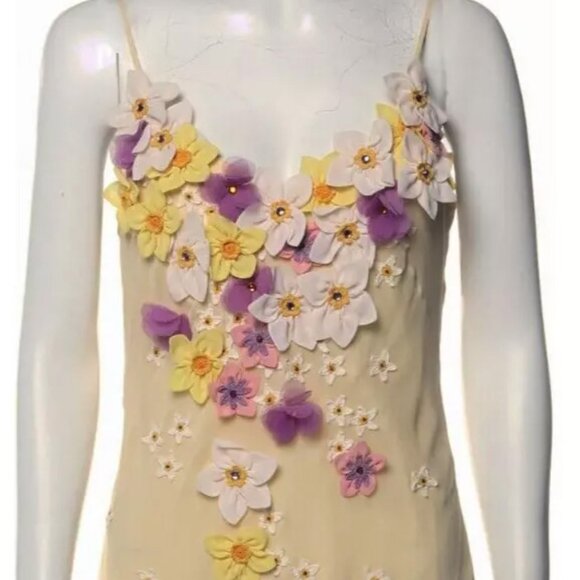 MOSCHINO IVORY LEMON 3D FLOWER APPLIQUES BEADED SILK SLIP DRESS USA 12 IT46 PURP - Picture 1 of 13